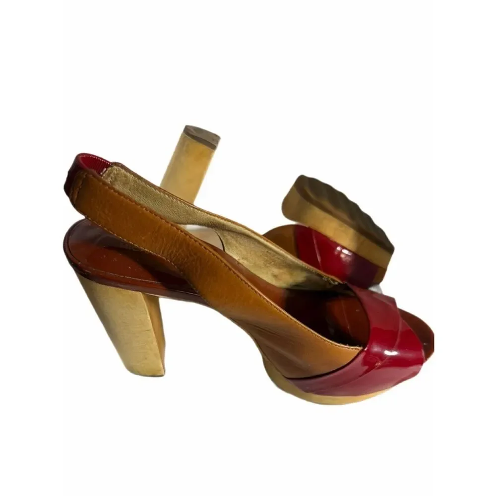 EUC STUNNA MK PEEPTOE SLINGBACK TRICOLOR SZ 7 1/2M 4.5”Heel 1”Platform Wood Heel
